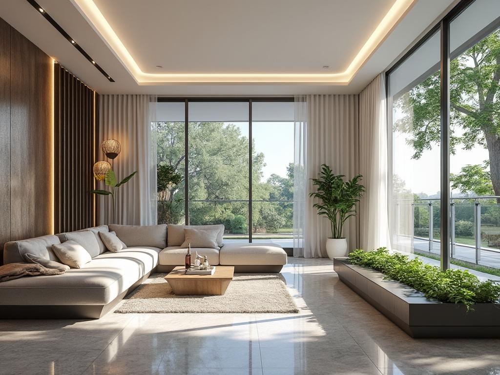 Sala moderna con sofá blanco, grandes ventanales y plantas, iluminación natural abundante.