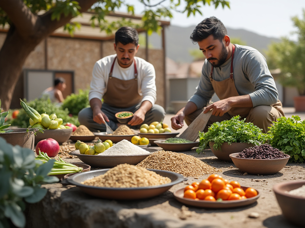 Dos hombres preparando ingredientes frescos en una mesa al aire libre, rodeados de verduras y granos, bajo un árbol.