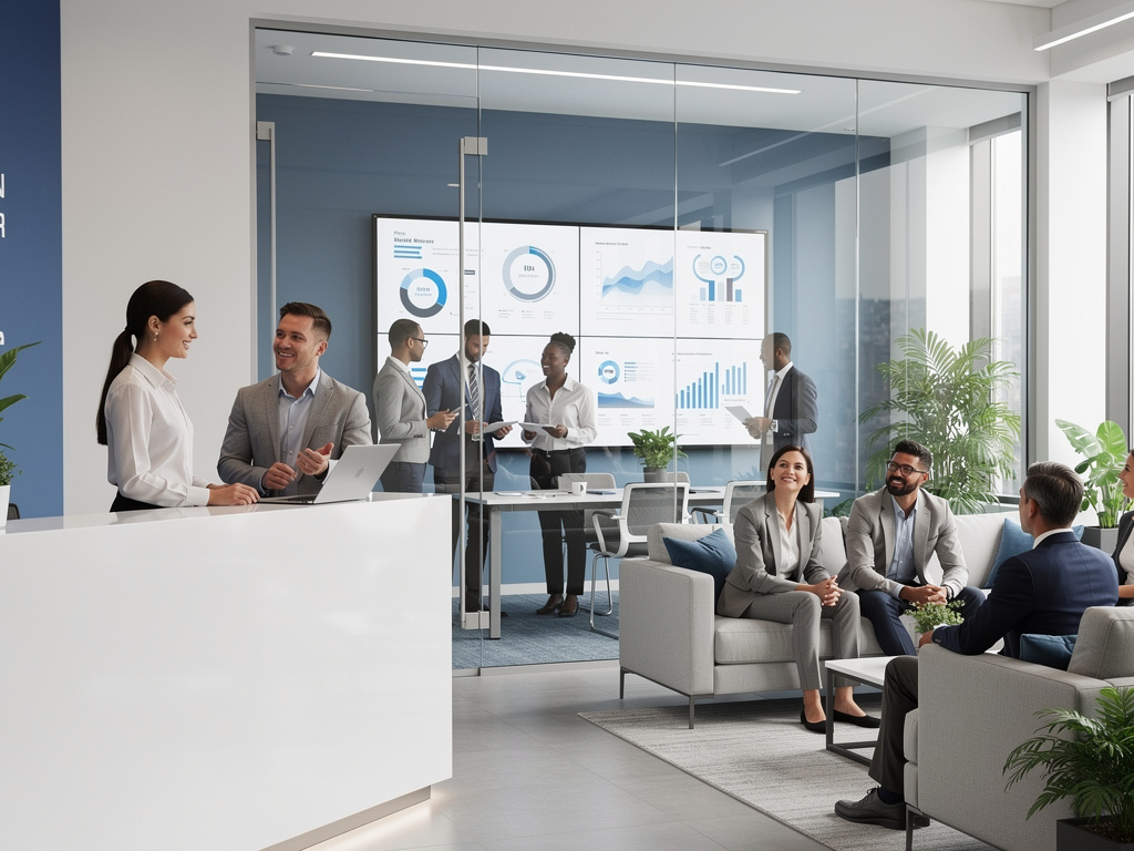 Modern corporate office lobby with business professionals collaborating, glass conference room, reception desk, and digital analytics dashboards
