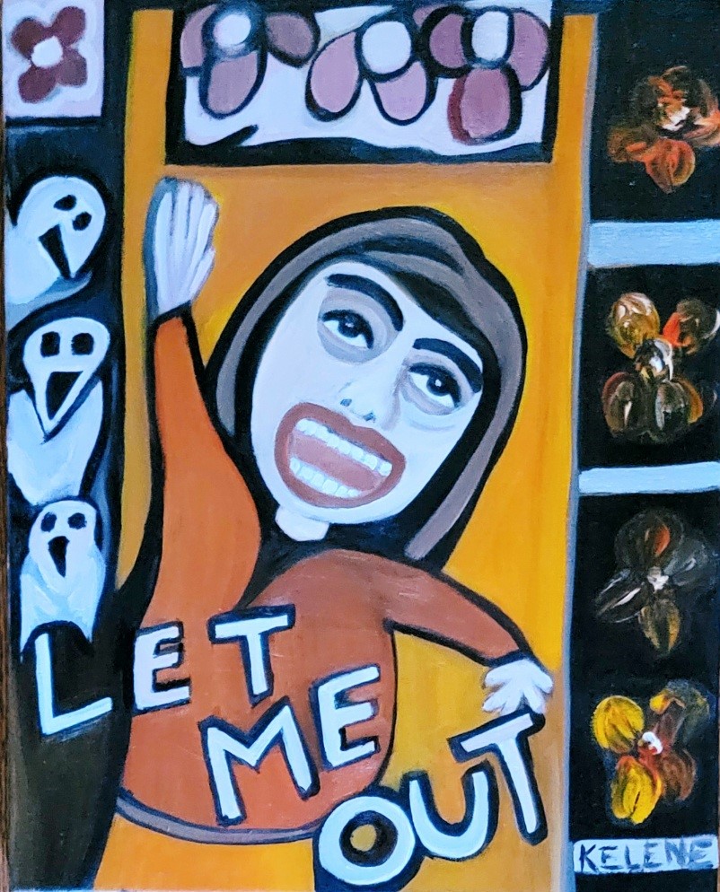 Title: Let Me Out. 18 X 24. Acrylic on canvas. Kelene 2023 $180.00