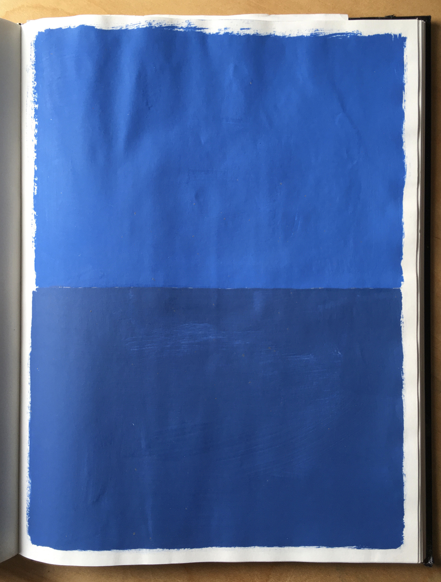 A sketchbook page with a minimalist painting of two shades of blue, stacked.