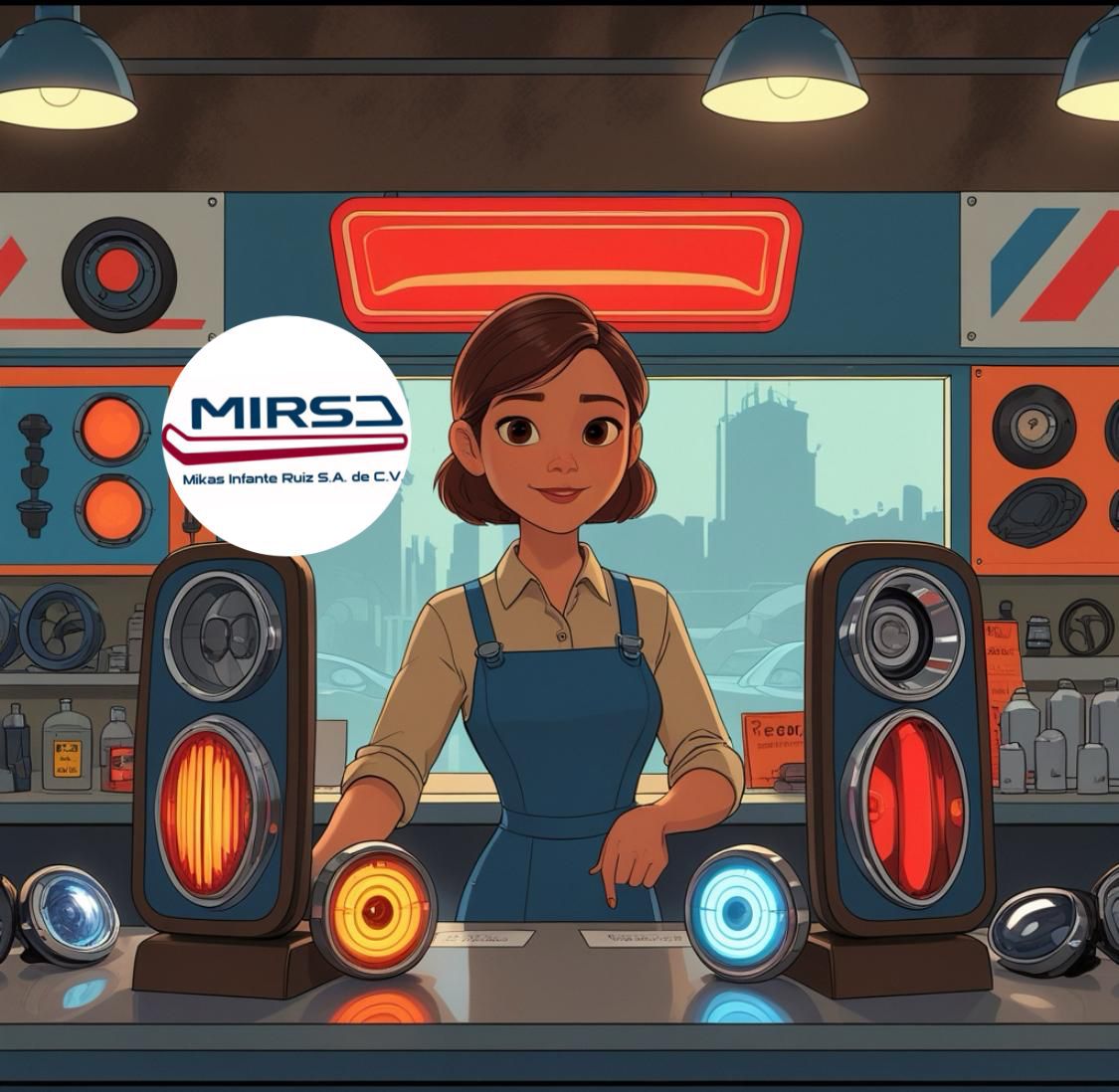 Ilustración de mujer en tienda de repuestos automotrices, rodeada de luces y piezas mecánicas, con logo de MIRS en el fondo.