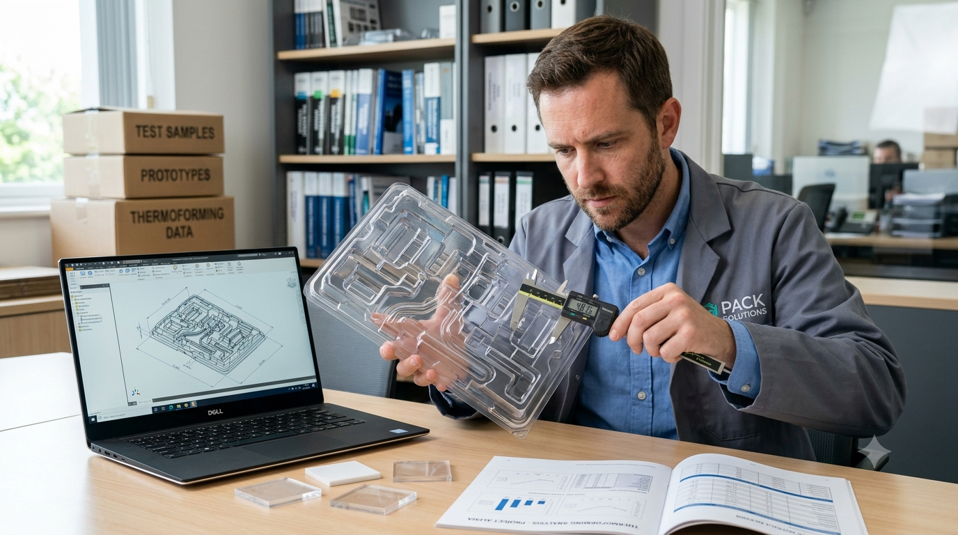 Engenheiros analisando software de design de embalagens em monitores com protótipos, caixas e plantas técnicas sobre a mesa