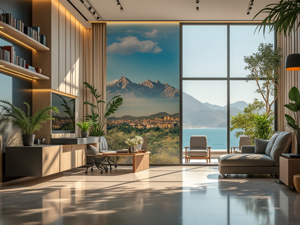 Sala moderna con muebles elegantes, plantas decorativas y gran ventana con vista a montañas y mar.