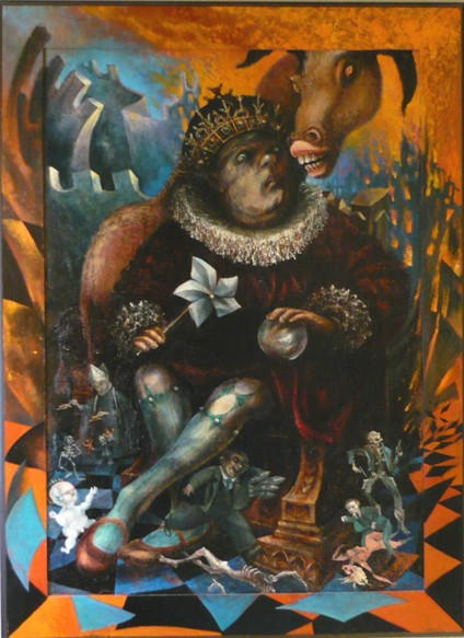 Faval (oil on wallboard) William Girard. 
53 x 39 in. 
Faval, is the name of the donkey, from a 13th century morality play of the same name; now better known as a choral piece. The letters of Faval's name represent the seven deadly sins, in Latin. Girard's image, painted about the time that the Pope visited Detroit, includes a Pope as puppeteer, Oliver North of Irangate fame, and a skeletal John Wayne, amongst others.
At one time, this piece was part of an assembly including long poles (approx. 7 to 8 ft high, on either side) and gold-colored, sculpted putti. Why the artist altered the piece to this state I do not know.