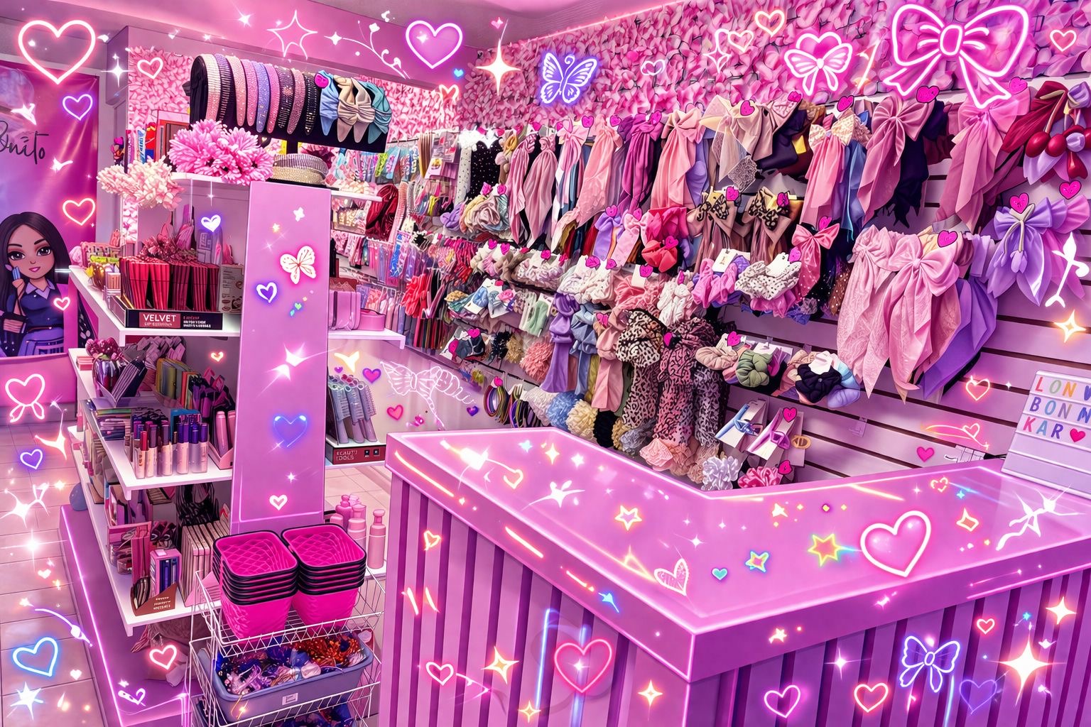 Productos de belleza en envases rosados con flores y fondo pastel.