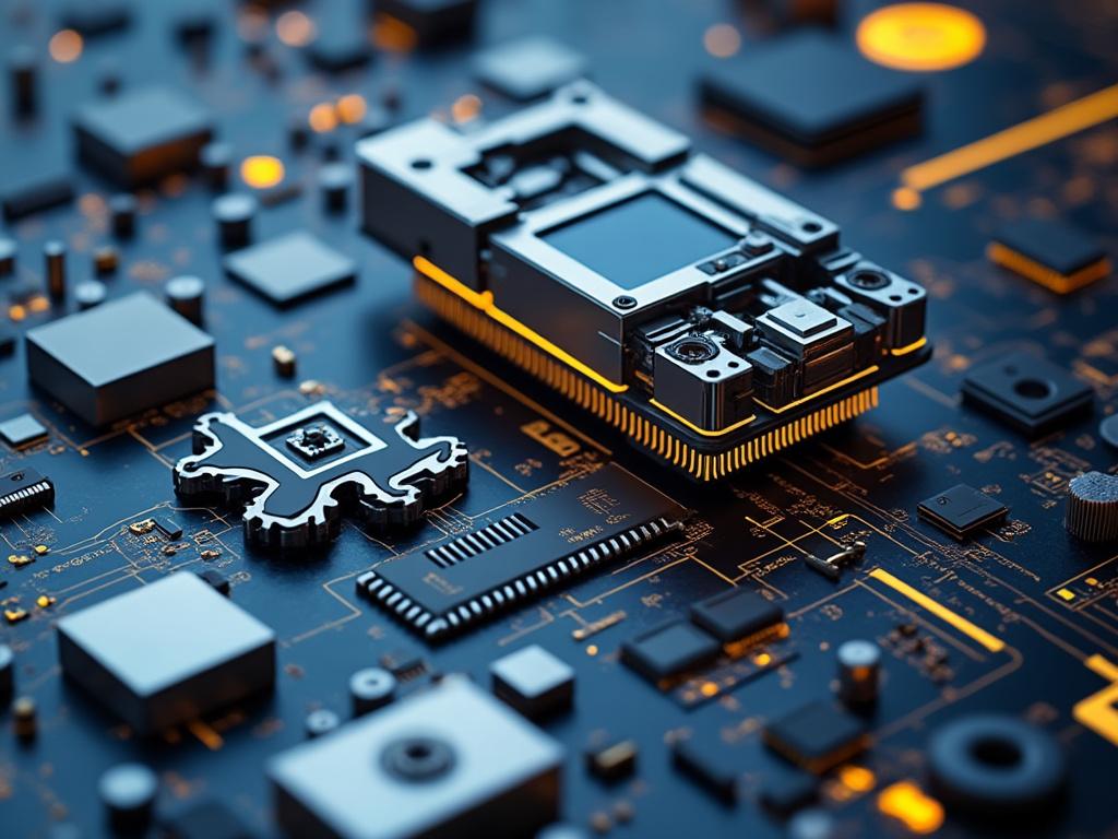 Componente electrónico sobre placa de circuito impreso con detalles en naranja y negro, ilustrando tecnología avanzada.