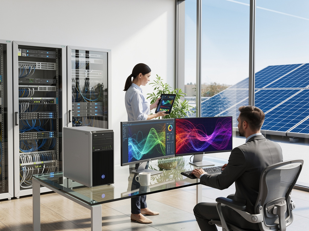 Centro de datos moderno con servidores, empleados analizando gráficos en monitores y paneles solares junto a grandes ventanales