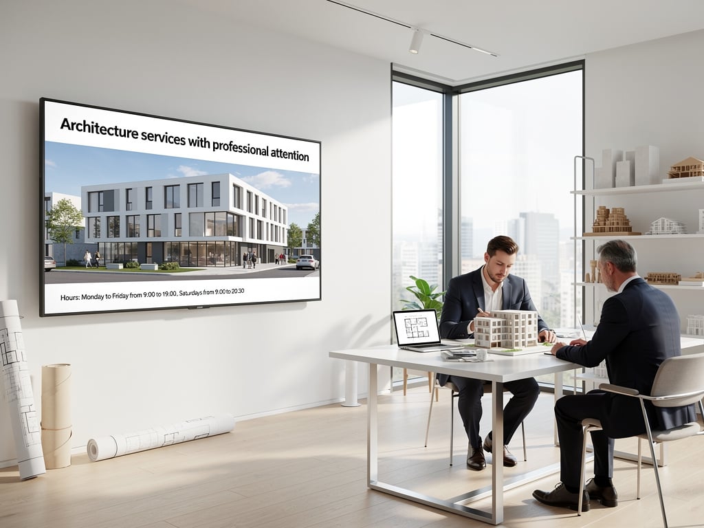 Reunión de arquitectura en oficina moderna con maqueta de edificio, planos y pantalla con servicios profesionales