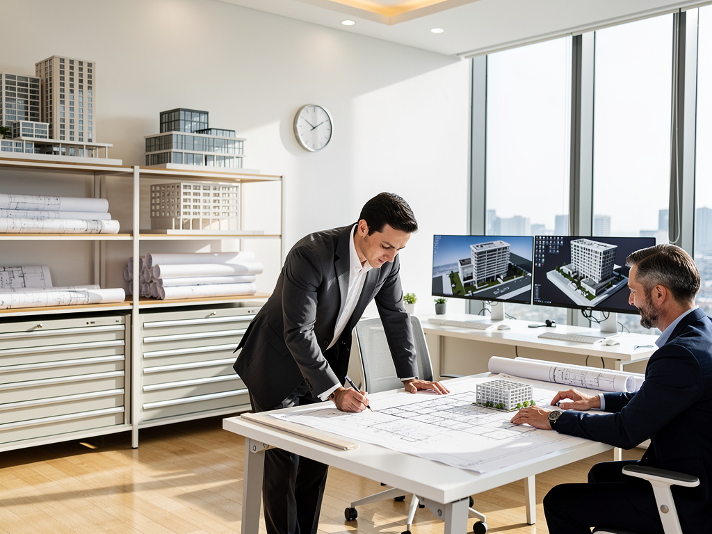 Arquitectos revisando planos y maqueta de edificio en oficina moderna con pantallas de diseño 3D