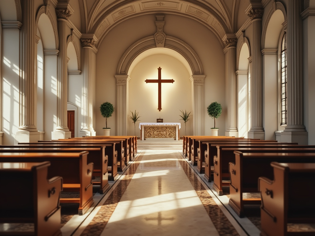 Interior of a sunlit church with wooden pews, high arched ceilings, and a large cross behind the altar.