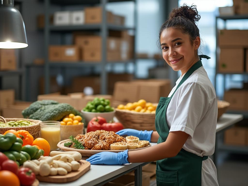 Mujer sonriente con delantal verde en una tienda de alimentos, rodeada de productos frescos como frutas y verduras sobre la mesa.
