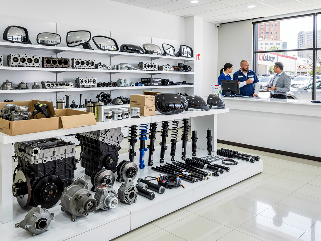 Tienda de repuestos automotrices con motores, amortiguadores y accesorios en exhibición y personal atendiendo a un cliente Tienda de repuestos automotrices con motores, amortiguadores y accesorios en exhibición y personal atendiendo a un cliente
