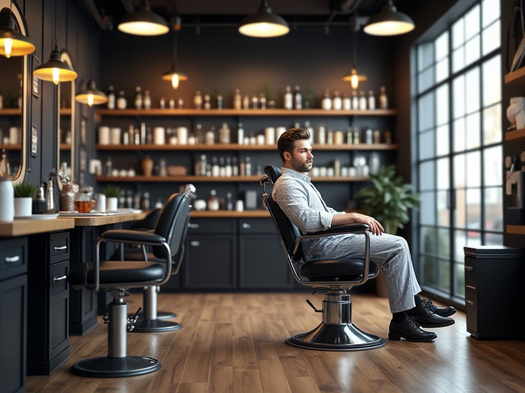 Man sitting in a stylish barbershop interior with black chairs, wooden floors, and modern decor.
