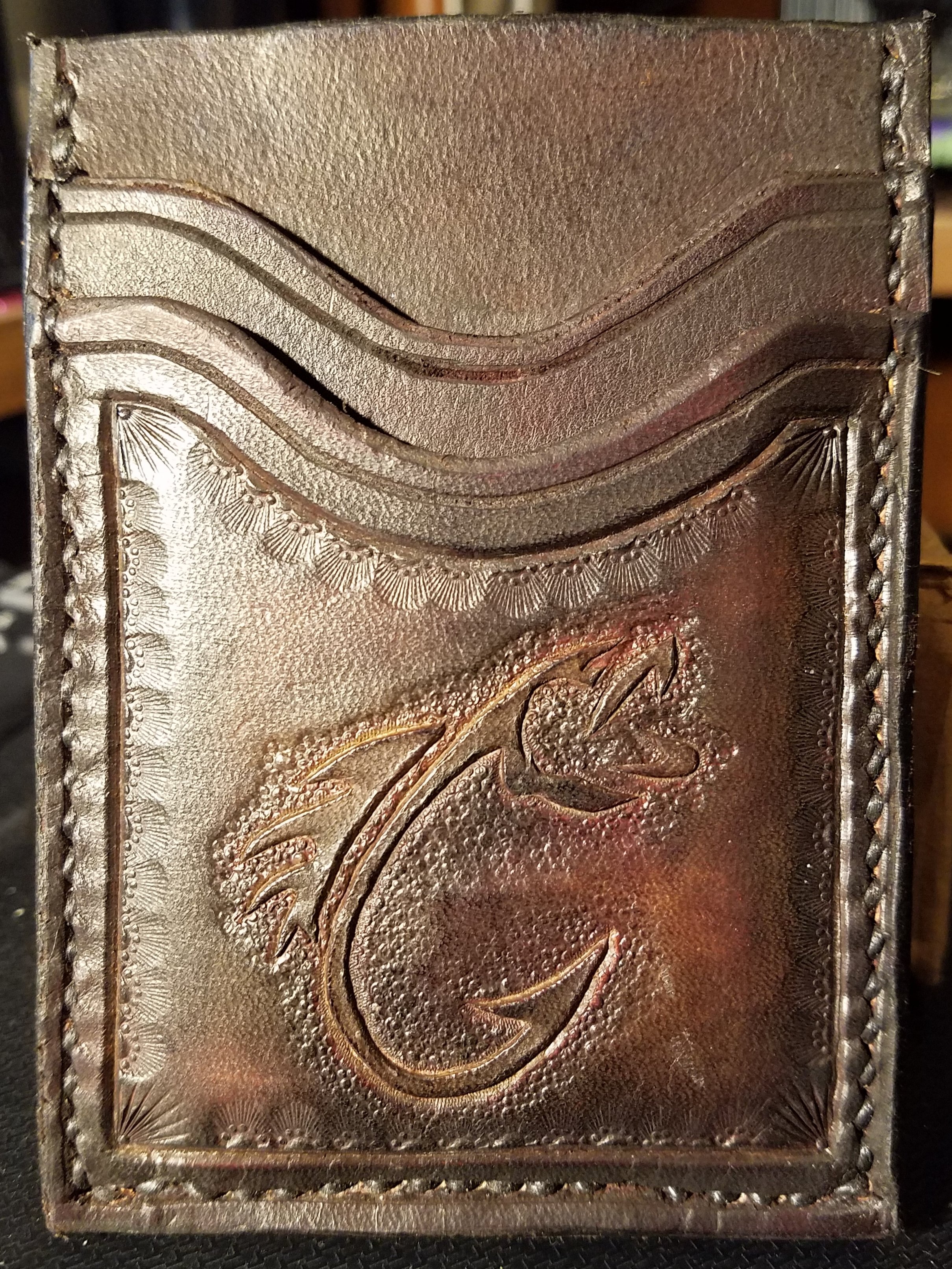 3 pocket minimalist wallet, hand tooled and stitched, $55.00