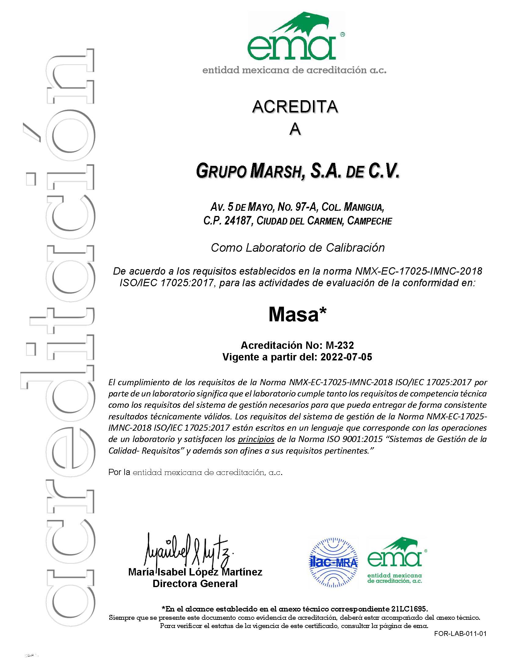 Acreditación M-232
emitida por la ema.