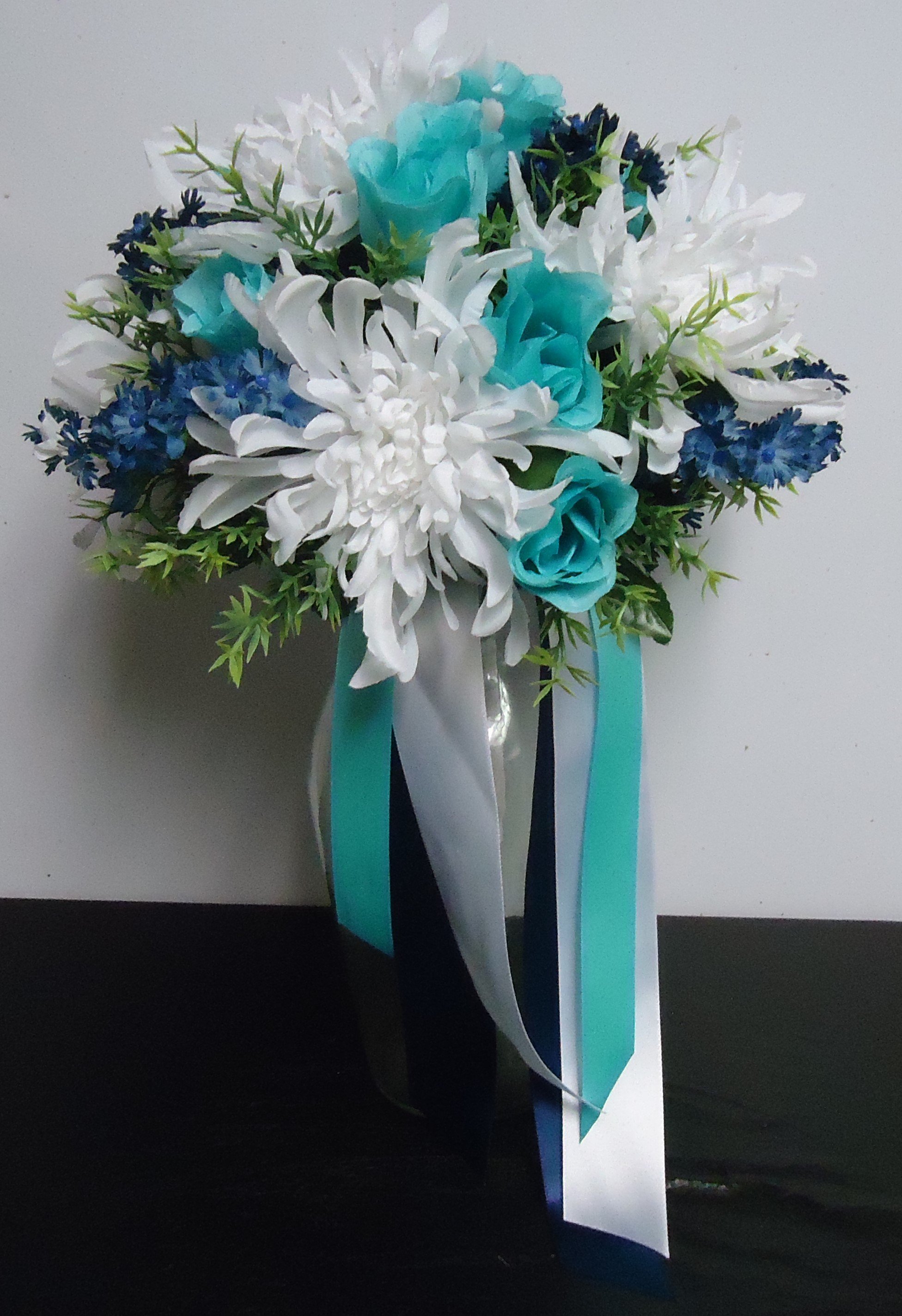 &quot;SILK&quot; Handtied Bouquet
(Aqua, Royal Blue &amp; White)
     $125.00