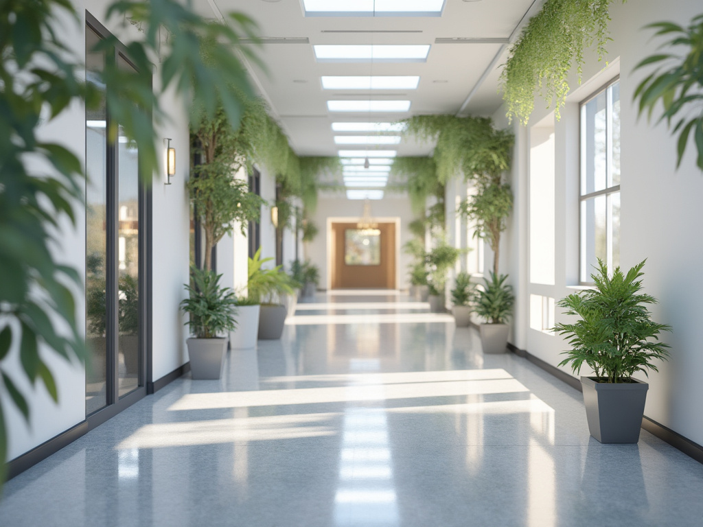 Pasillo iluminado con plantas en macetas en ambos lados y luz natural entrando por grandes ventanas.