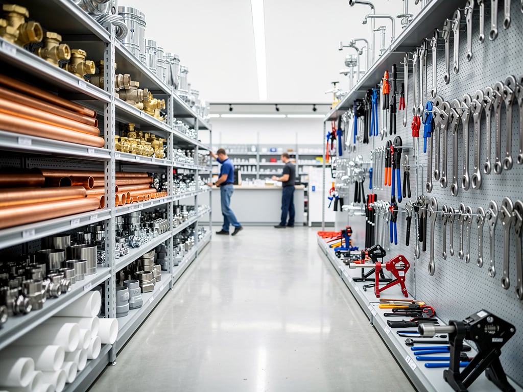 Plumbing supply store aisle with copper pipes, fittings, valves, and hand tools displayed on shelves and pegboard