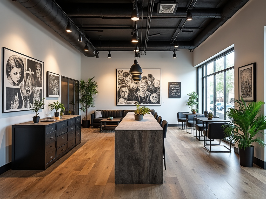 Modern lounge with black and white artwork on walls, black industrial ceiling, wood flooring, and ample seating with potted plants.