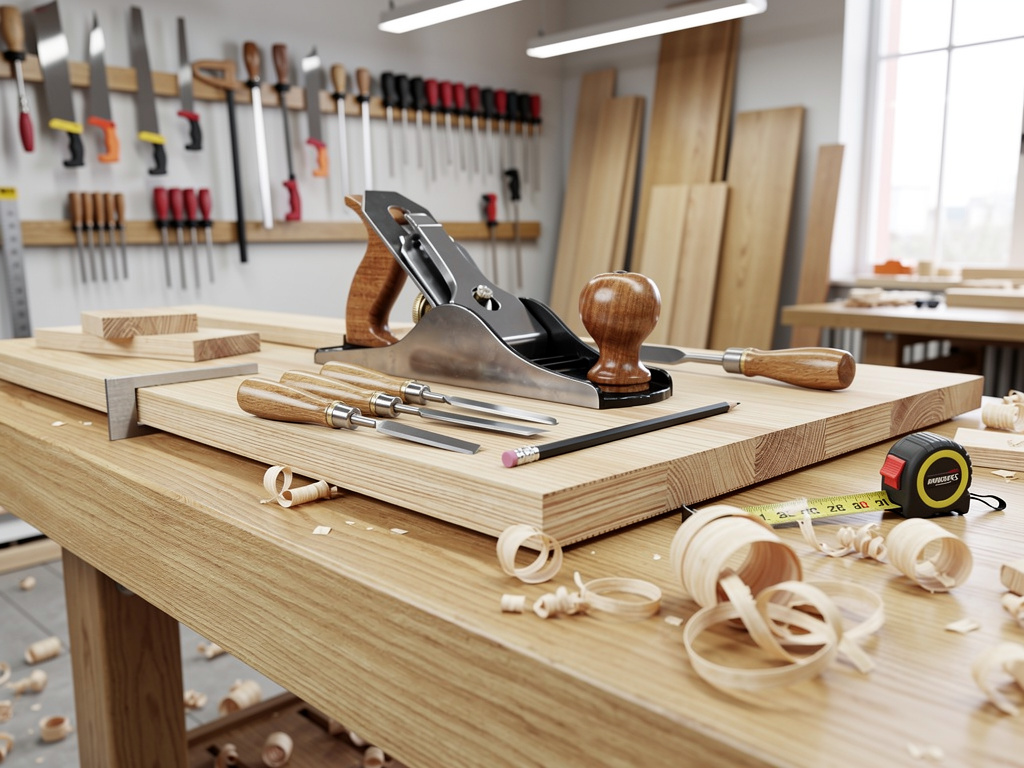 Banco de carpintería con cepillo manual, formones, cinta métrica y virutas de madera en taller de ebanistería