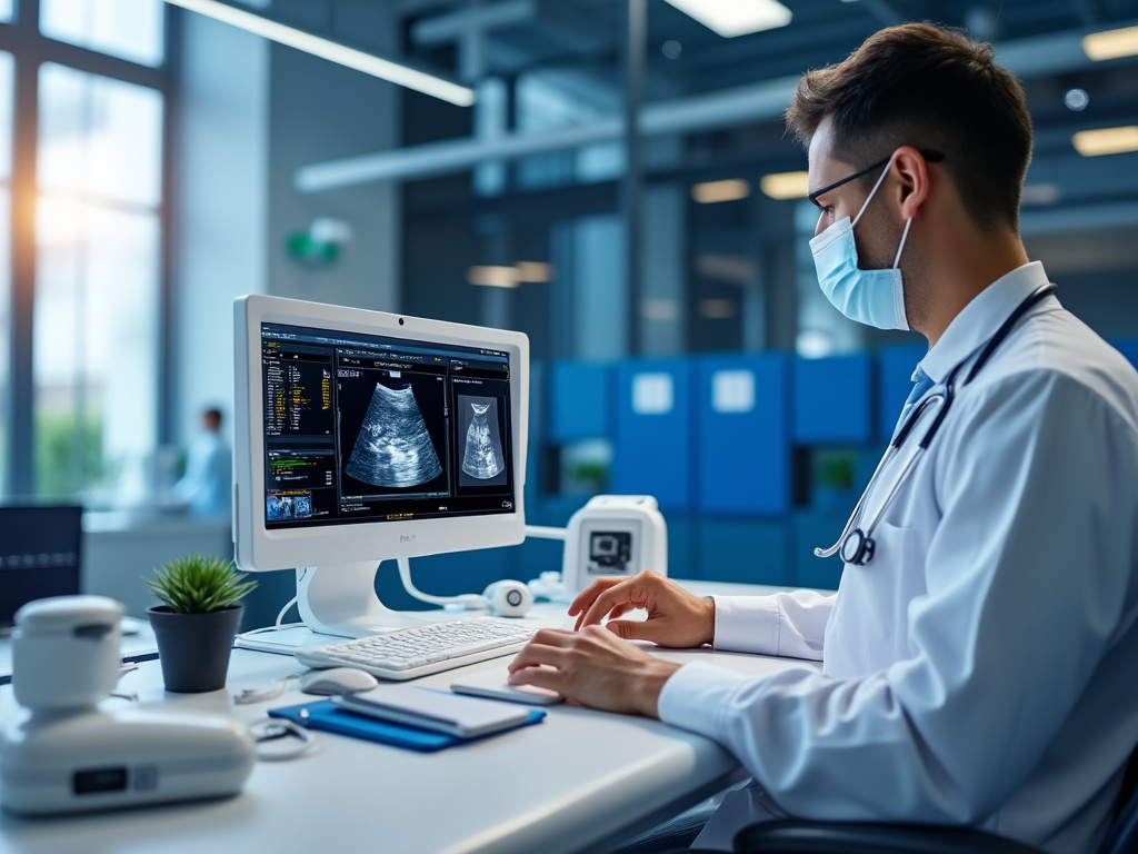Médico con mascarilla analiza imagen de ultrasonido en computadora en consultorio moderno.