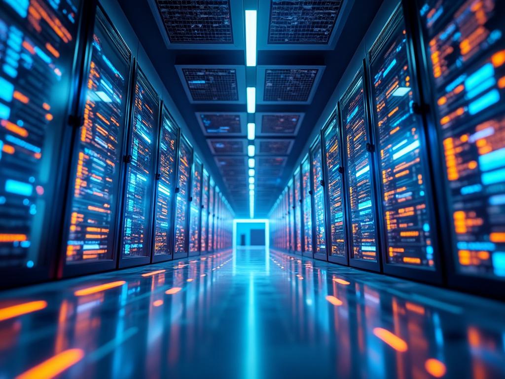 Futuristic data center with rows of illuminated server racks displaying blue and orange lights.