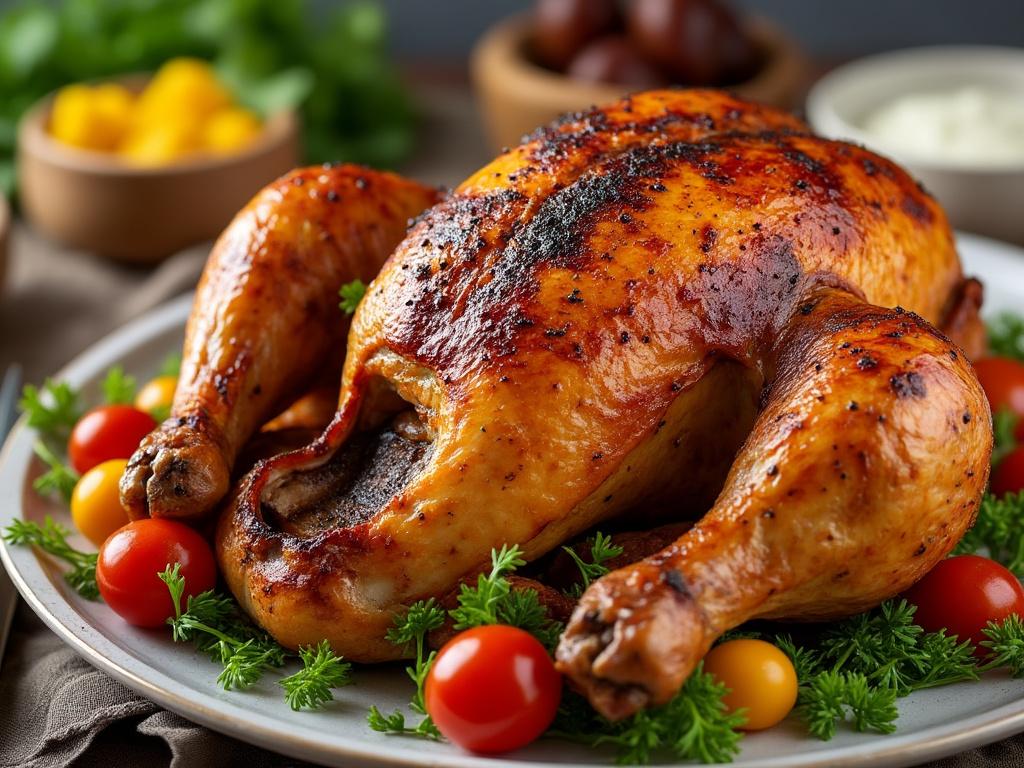 Pollo asado entero sobre plato con tomates cherry y guarnición de hierbas frescas.