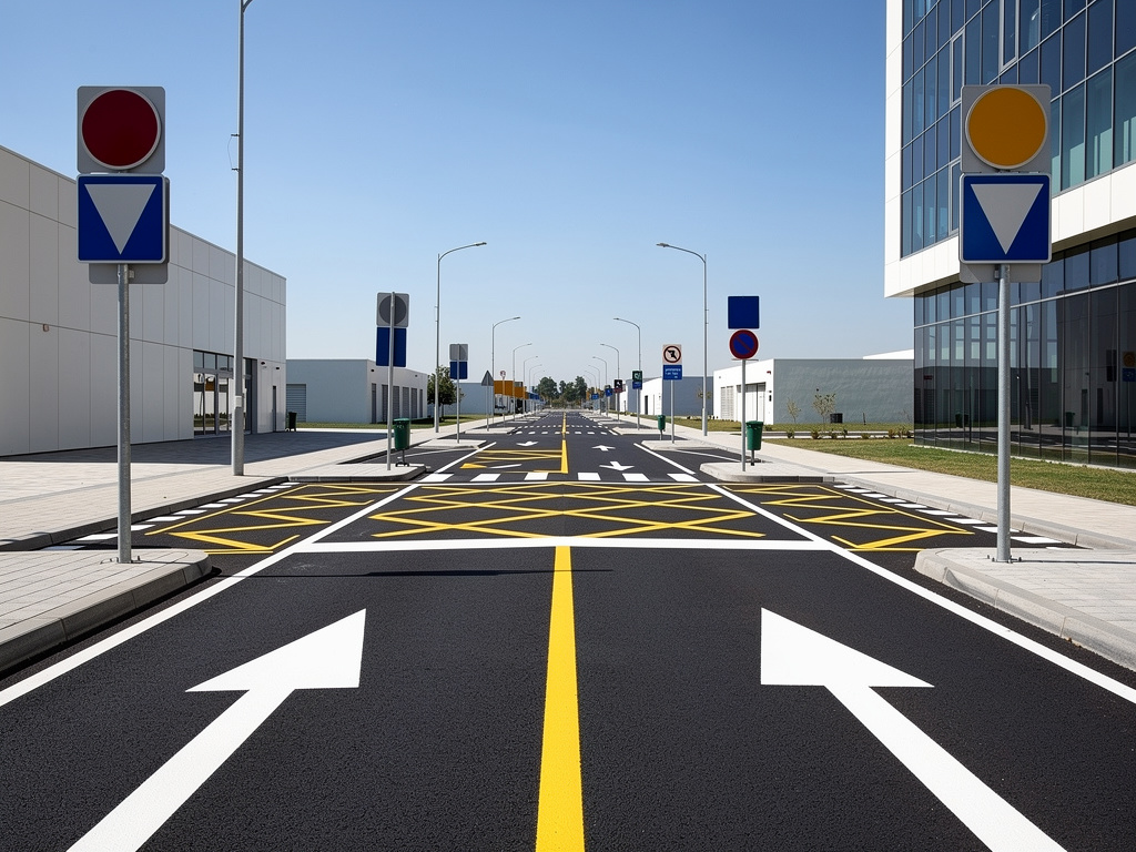 Calle urbana moderna con señalización vial, flechas direccionales y edificios de oficinas