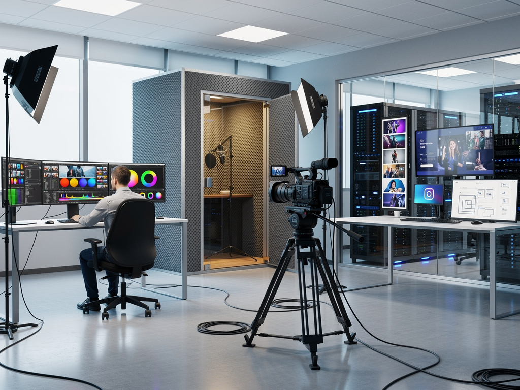 Modern video production studio with camera, lighting, editing workstation, sound booth, and server room monitors
Modern video production studio with camera, lighting, editing workstation, sound booth, and server room monitors