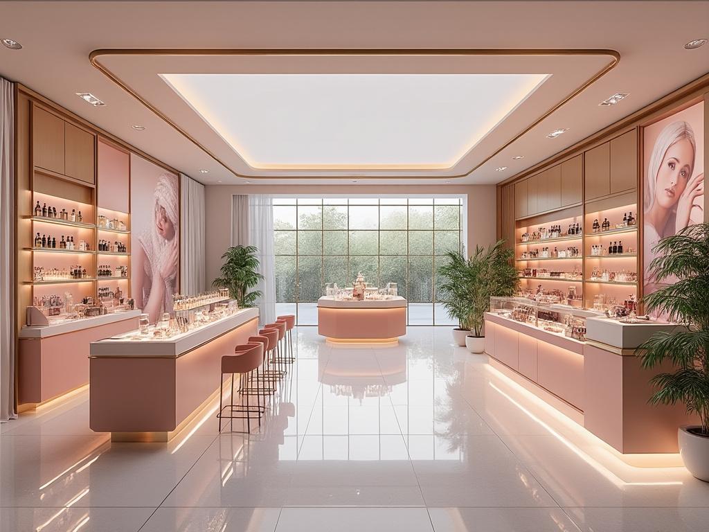 Moderna tienda de perfumes con estantes iluminados, decoraciones en tonos rosa y grandes ventanas, rodeada de plantas verdes.
