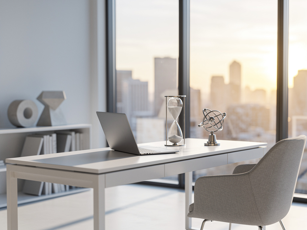 Oficina moderna minimalista con escritorio blanco, portátil, reloj de arena y vista urbana al atardecer