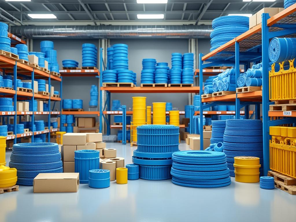 Almacén lleno de grandes bobinas azules de cables y contenedores amarillos de plástico organizados en estantes de metal.