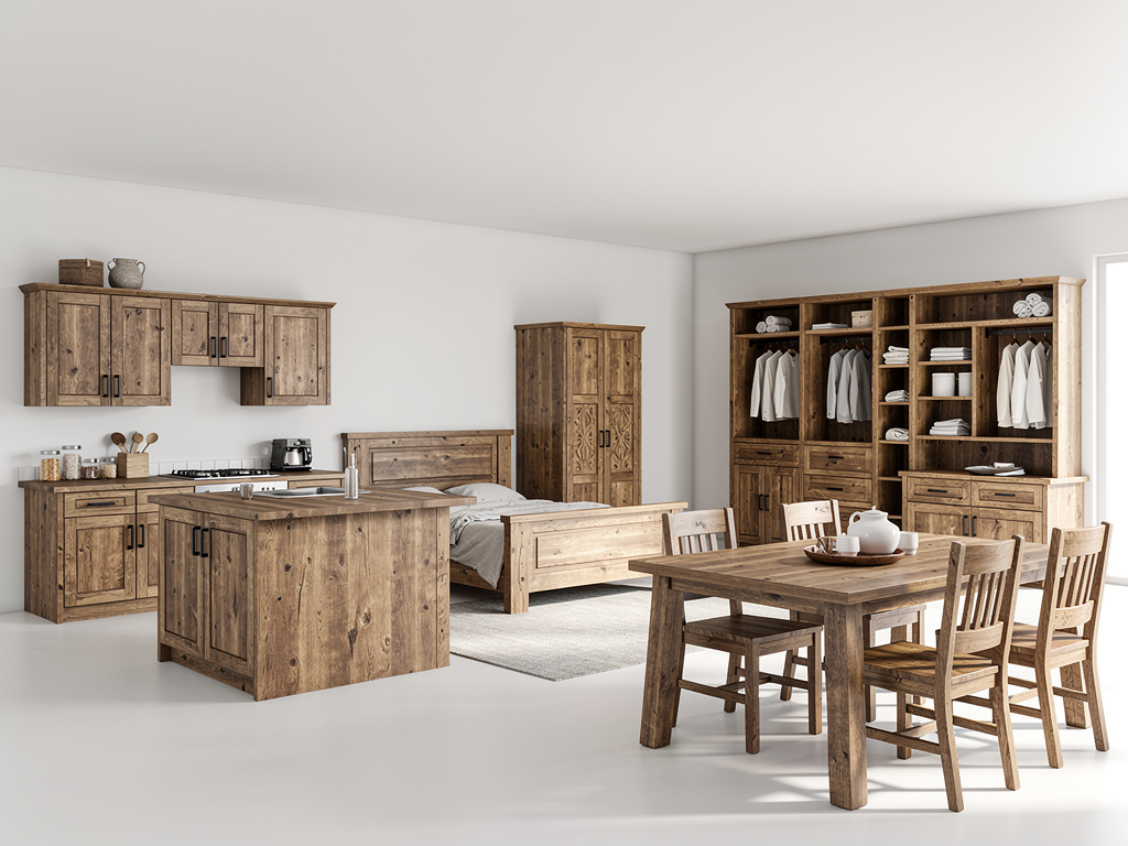 Interior moderno con muebles rústicos de madera: cocina, dormitorio, armario abierto y comedor en espacio amplio y luminoso