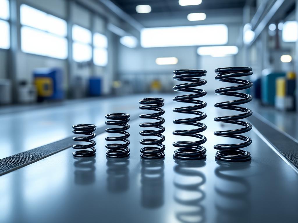 Conjunto de resortes de diferentes tamaños en una superficie metálica dentro de un taller industrial bien iluminado.