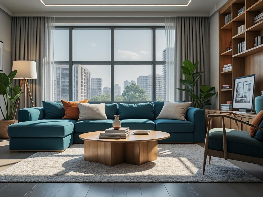 Sala de estar moderna con sofá azul, mesa de centro de madera, estantería y ventana con vista a la ciudad. Sala de estar moderna con sofá azul, mesa de centro de madera, estantería y ventana con vista a la ciudad.