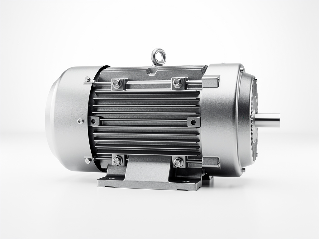 Motor eléctrico industrial gris con carcasa metálica, eje lateral y base de montaje sobre fondo blanco