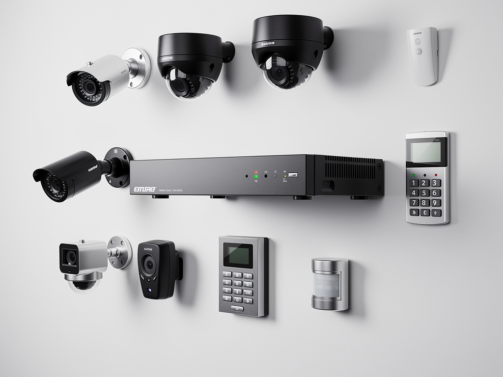 Sistema de seguridad con cámaras de vigilancia, grabador DVR, teclados de alarma y sensores instalados en pared