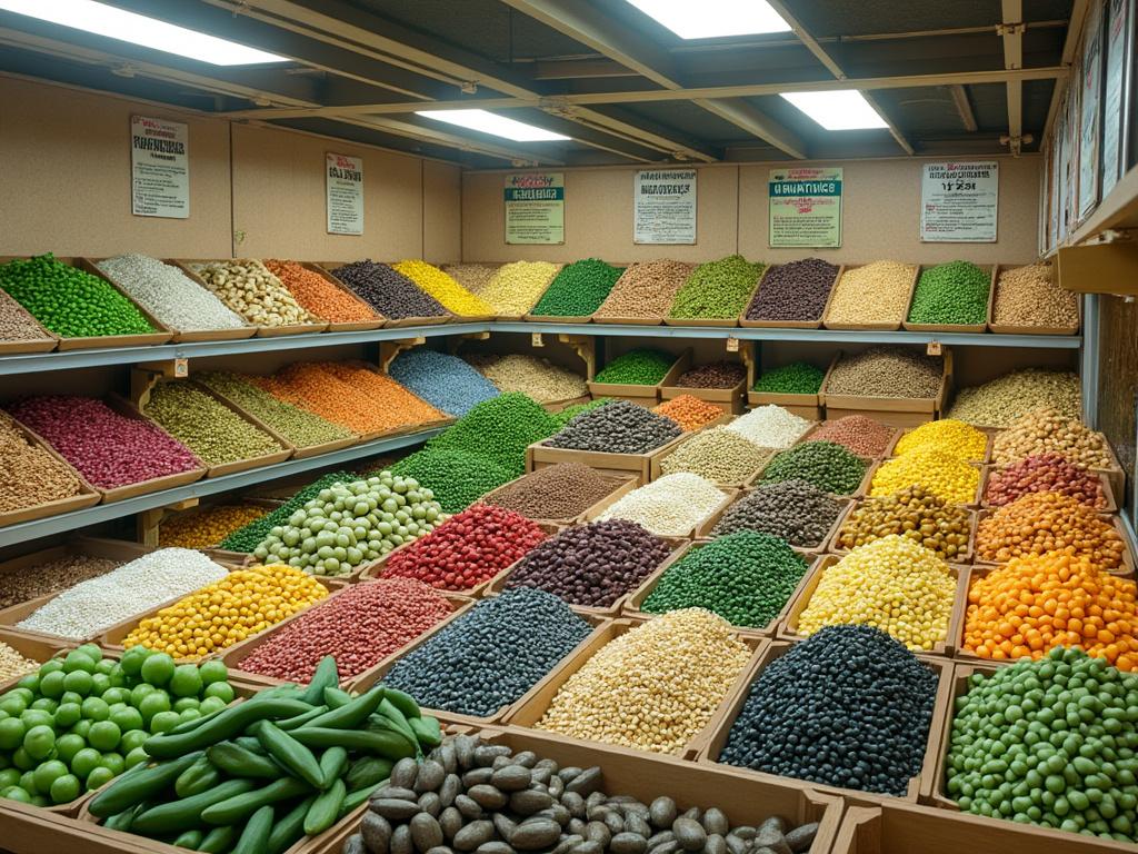 Variedad de legumbres y granos de colores en cajas dentro de un mercado.