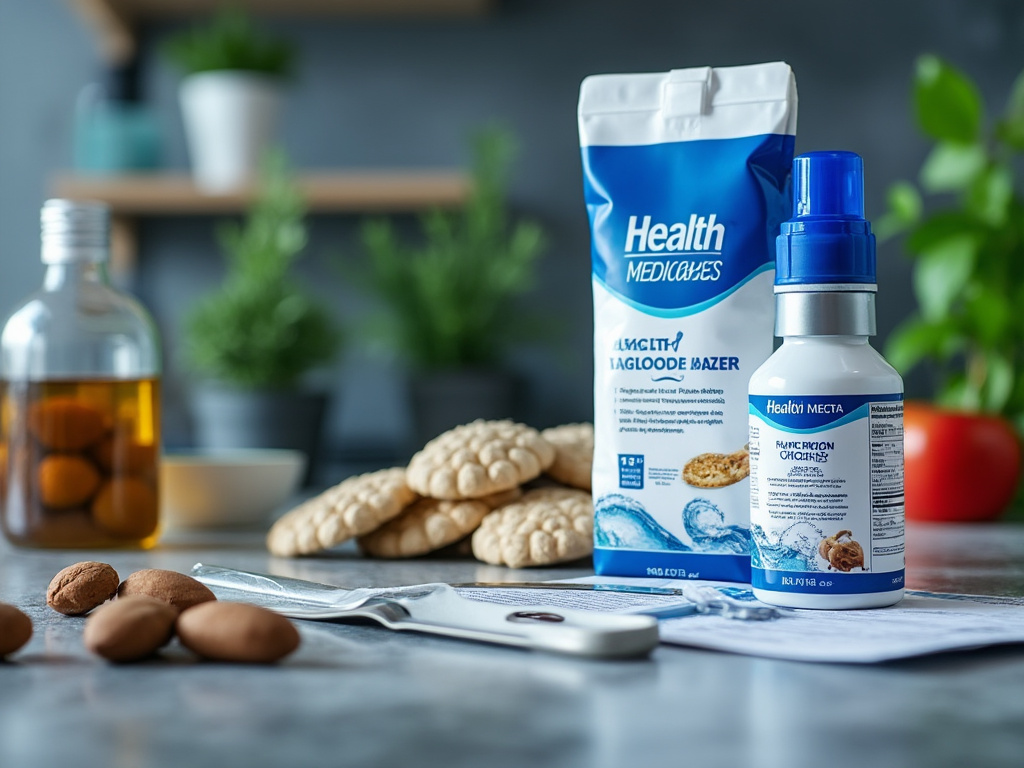Productos de salud y suplementos en una cocina, con almendras y galletas en el fondo.