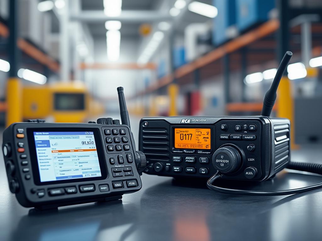 Two-way radio communication devices with LED displays on a table in an industrial setting.