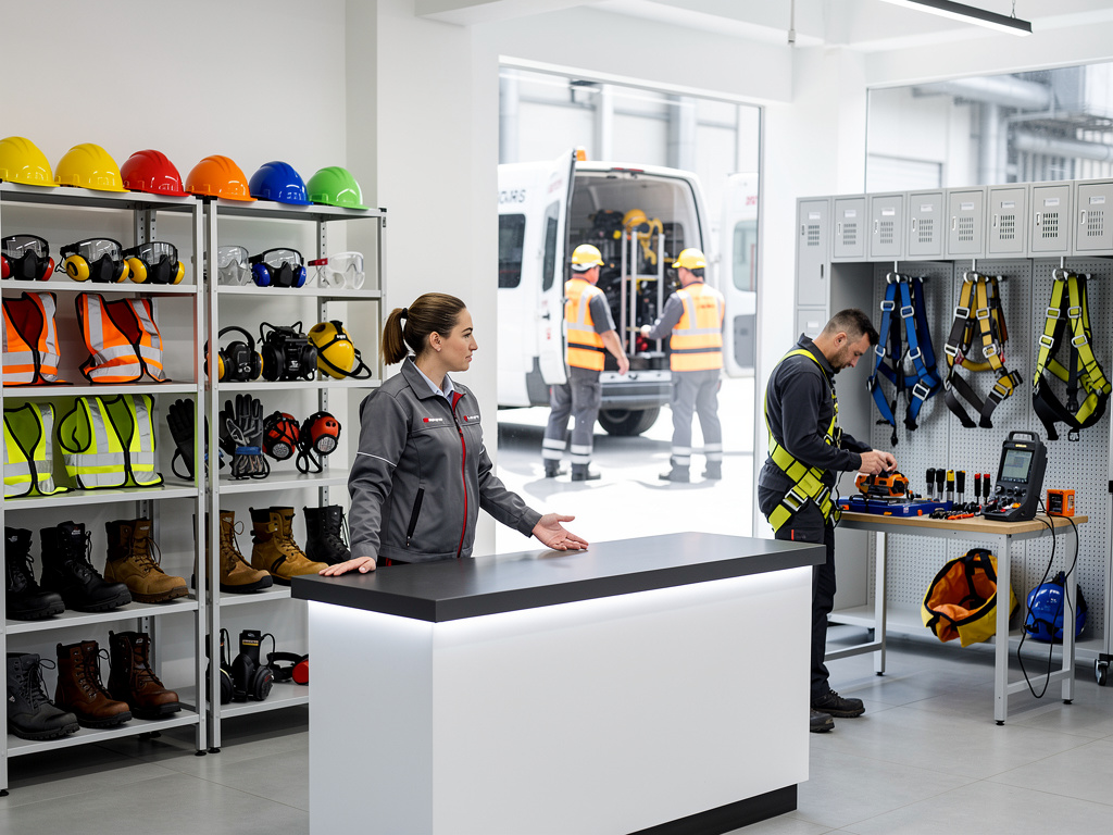 Tienda de equipos de protección personal con cascos, chalecos, arneses y técnicos revisando herramientas de seguridad