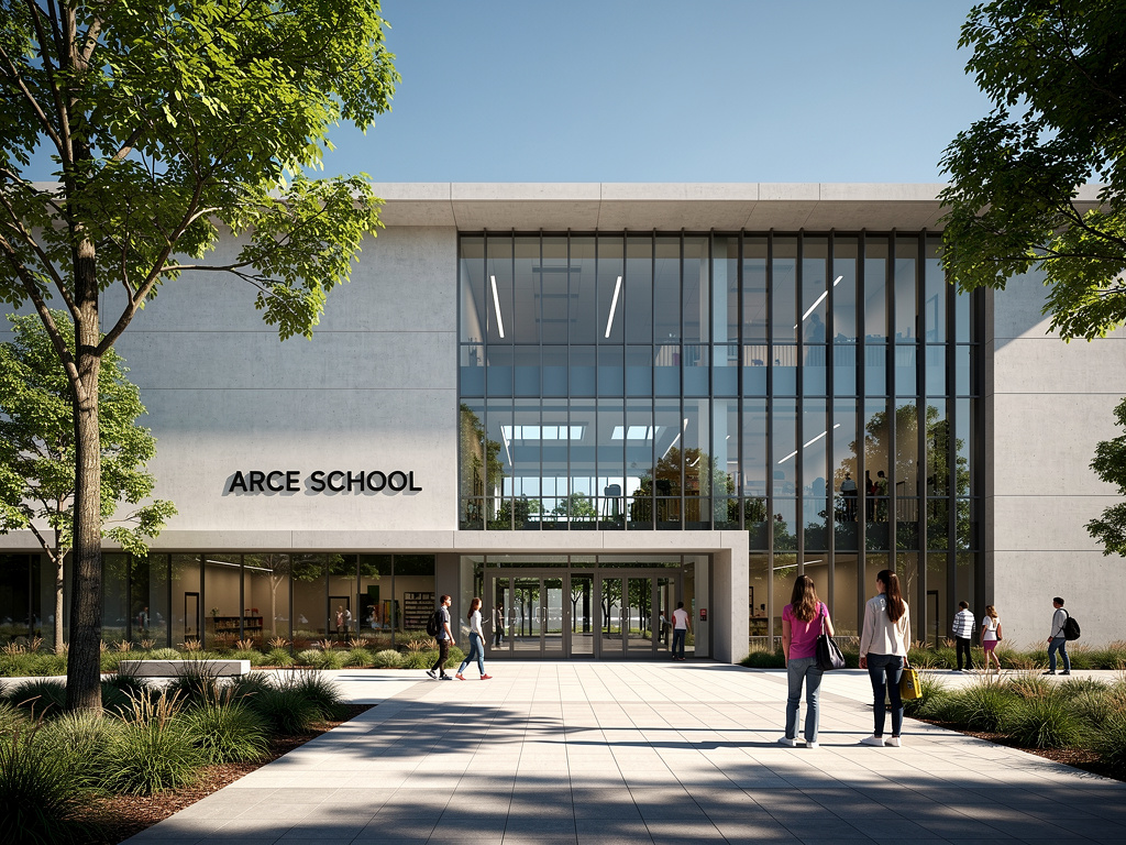 Entrada moderna de Arce School con fachada de vidrio, estudiantes caminando y árboles en el campus