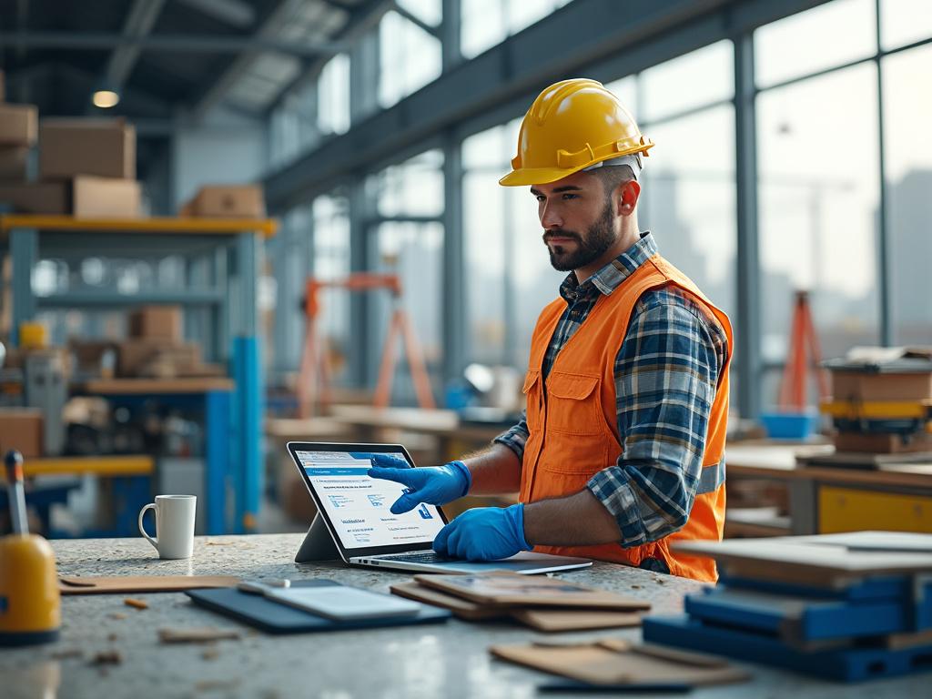Trabajador de la construcción con casco y chaleco naranja utilizando una tableta en un almacén.