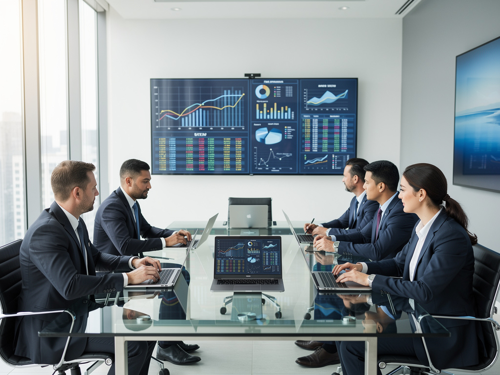 Equipo de negocios analizando gráficos financieros en una sala de reuniones moderna