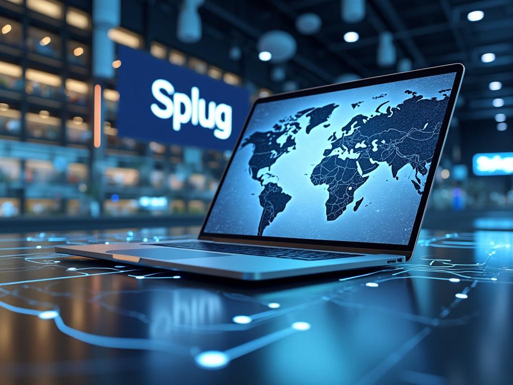 Laptop displaying world map in futuristic office with digital connections and signboard reading 'Splug'.