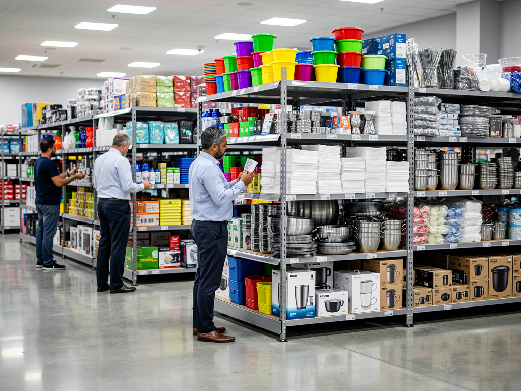 Clientes comprando utensilios de cocina y productos para el hogar en estanterías de una tienda mayorista