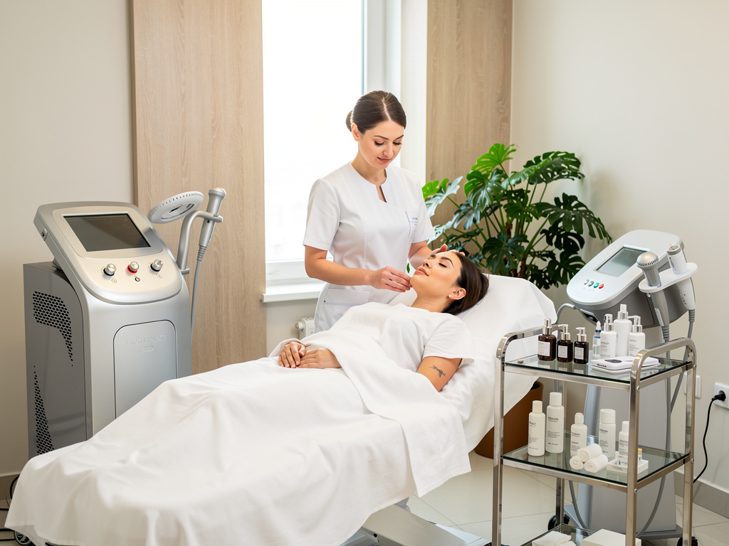 Esteticista realizando tratamiento facial a una mujer en camilla dentro de una clínica estética moderna con equipos de belleza Esteticista realizando tratamiento facial a una mujer en camilla dentro de una clínica estética moderna con equipos de belleza
