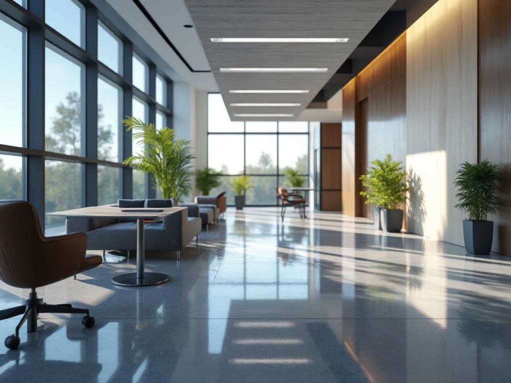 Modern office lobby with sleek furniture, large windows, and potted plants