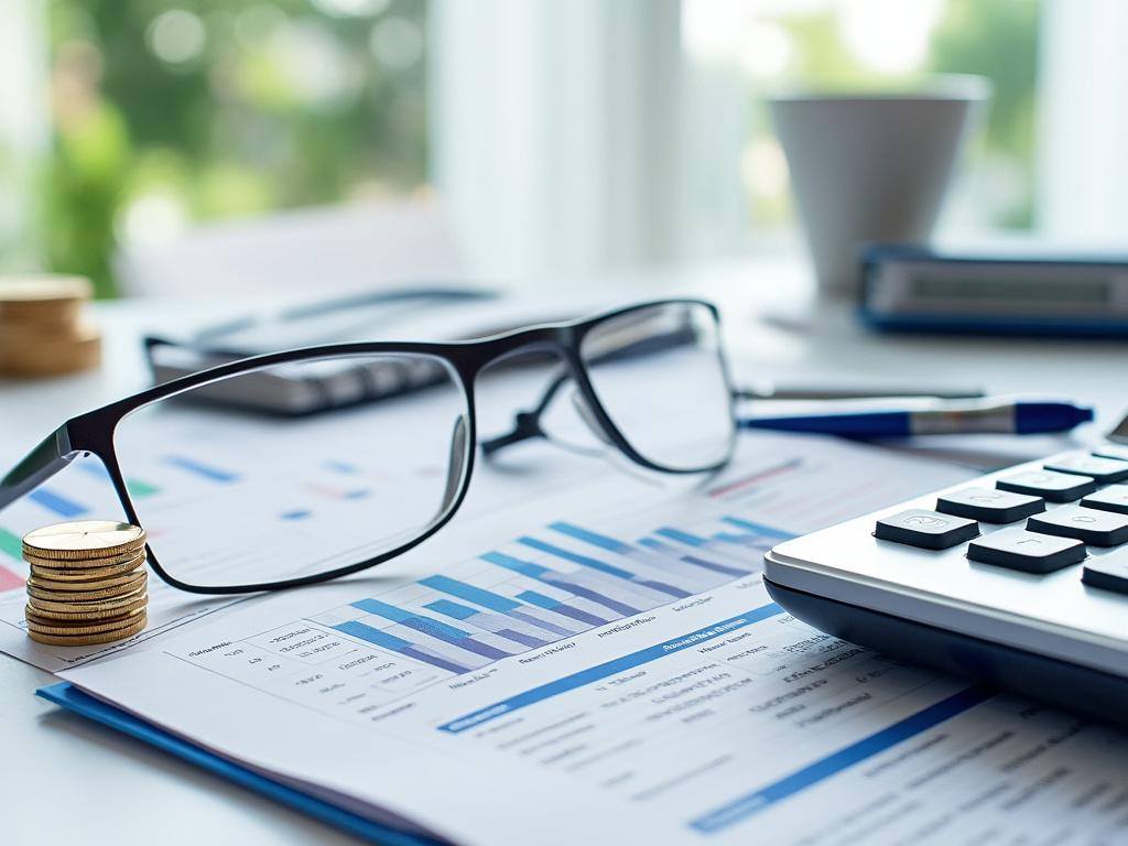 Close-up of office desk with financial charts, eyeglasses, pen, coins, and a calculator.
